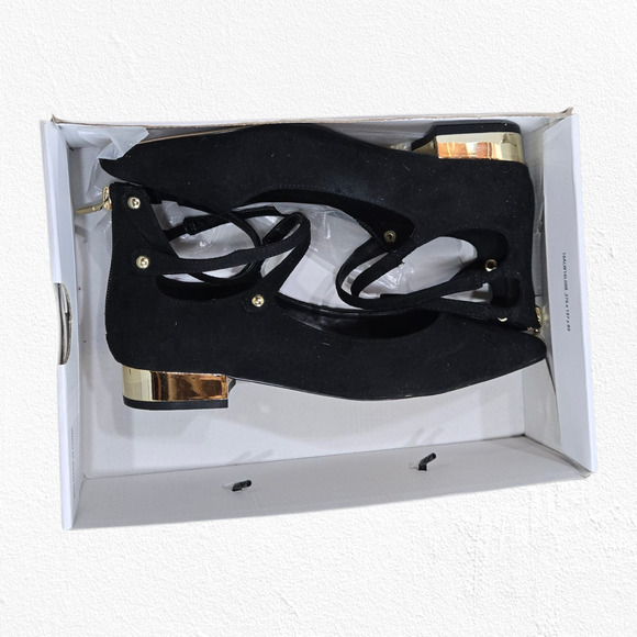 Aldo Black Suede Marieta Lace-Up Flats Gold Heel Zip Ballet Shoes Size 6.5 NWT - Picture 9 of 13